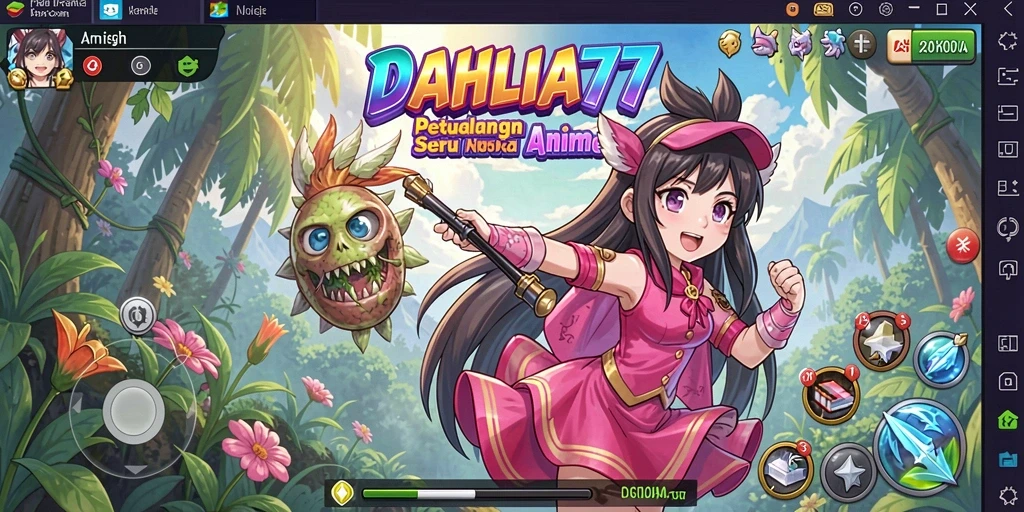 Screenshot gameplay DAHLIA77 menampilkan karakter anime yang hidup dan dinamis.