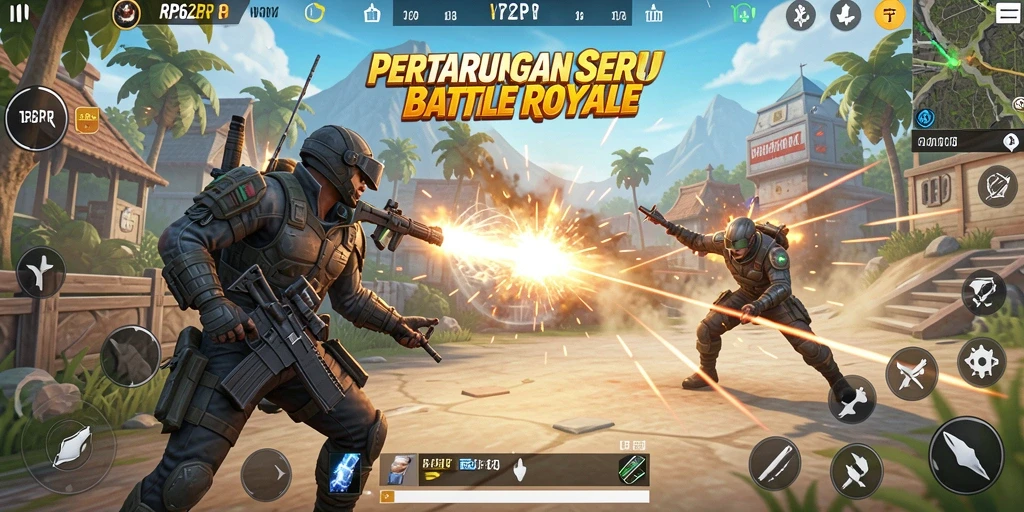 Screenshot gameplay RP62RP yang menunjukkan aksi seru Battle Royale.