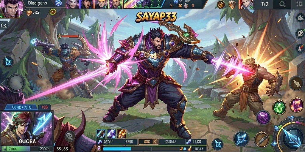 Screenshot gameplay <strong>SAYAP33</strong> menampilkan aksi pertempuran seru di arena MOBA.